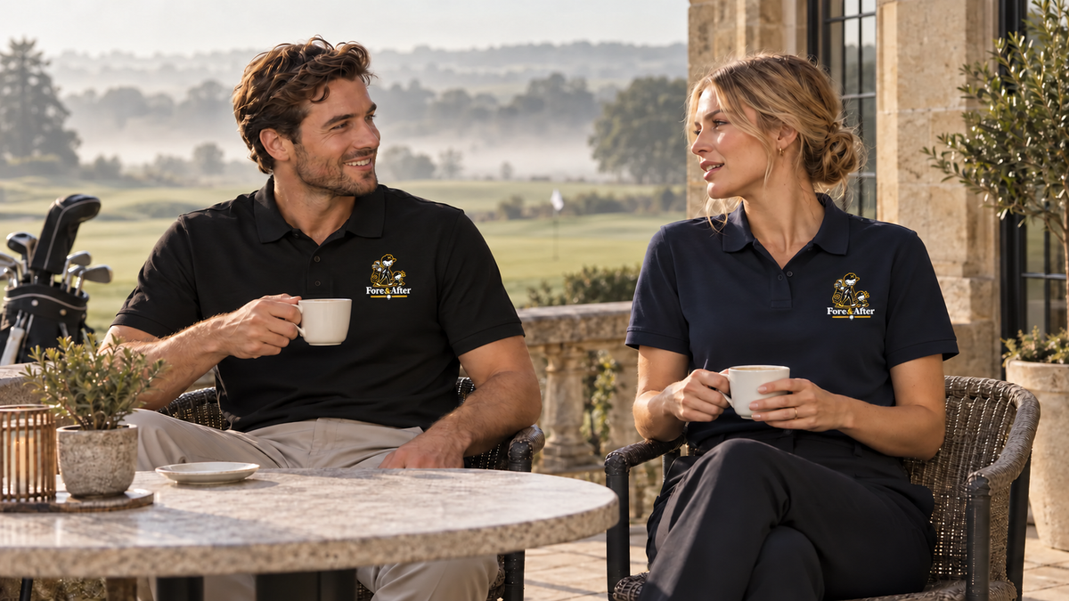 Two golfers in Fore & After polos having coffee on a clubhouse terrace beside the course