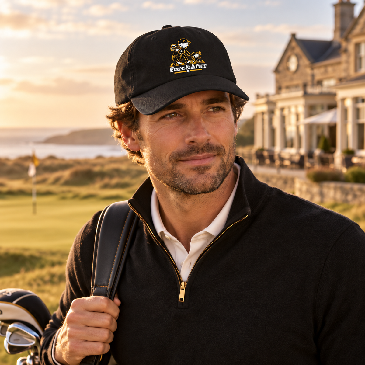Golfer wearing the black Fore & After dad hat with the revised logo