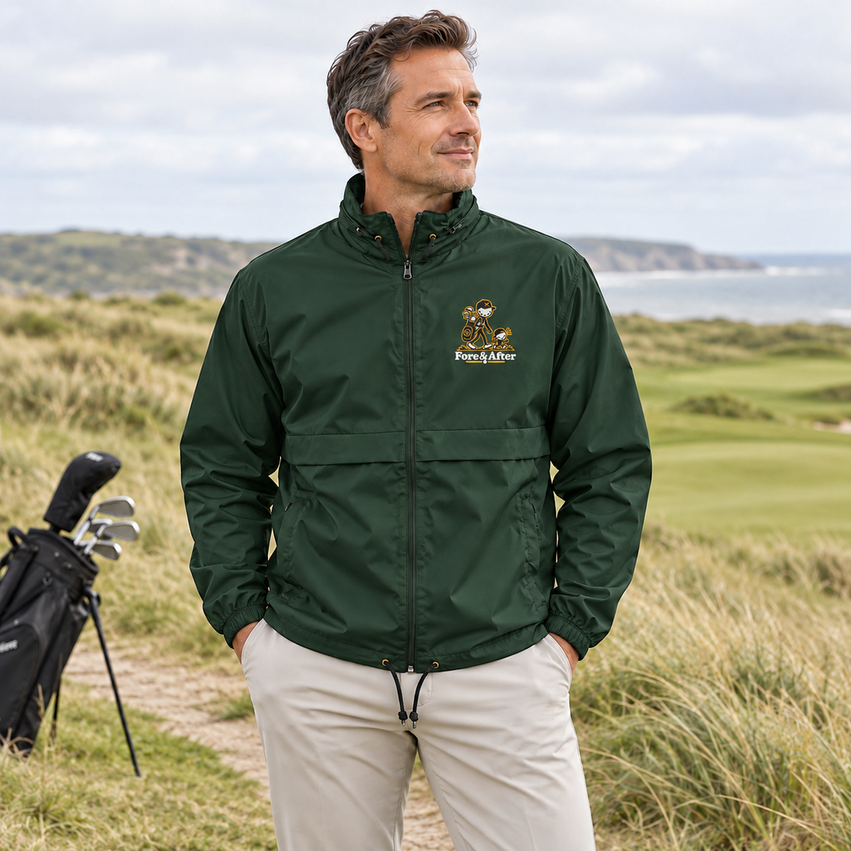 Golfer wearing the forest green Fore & After Windbreaker on a coastal links course in winter light