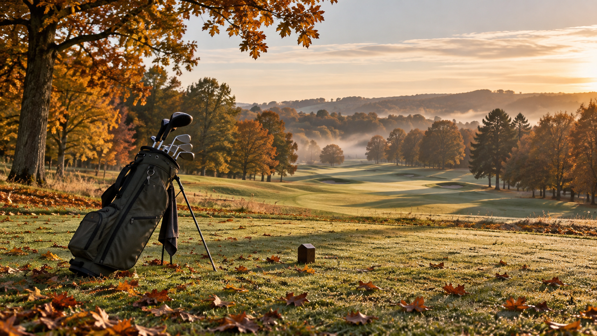 Golf bag standing on an autumn fairway under a tree, with fallen leaves and morning mist