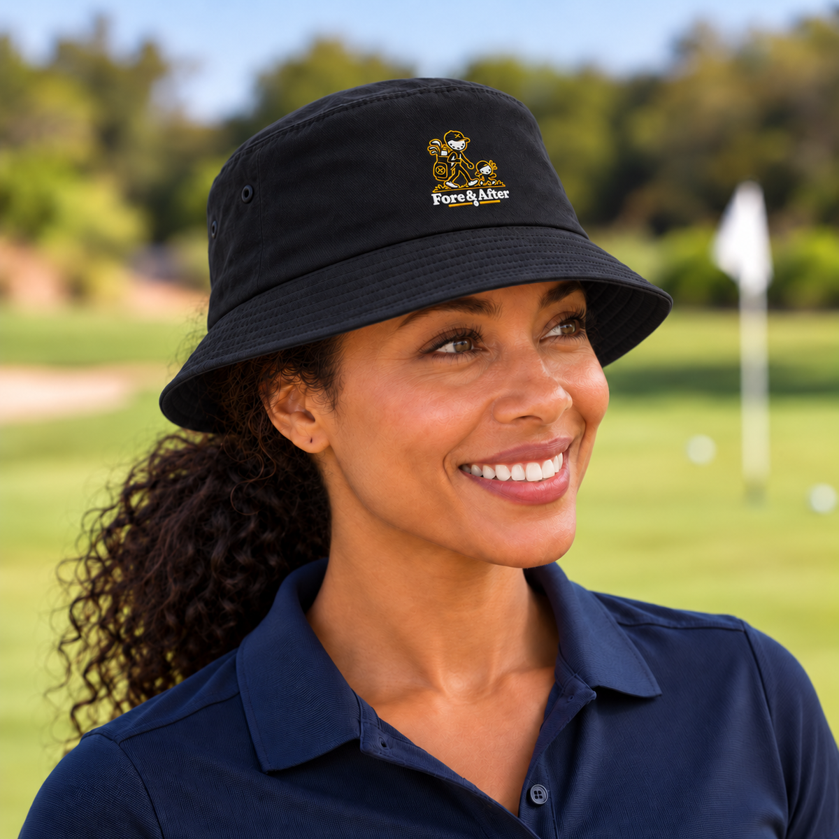 The Fore & After Bucket Hat in black — side golf lifestyle view