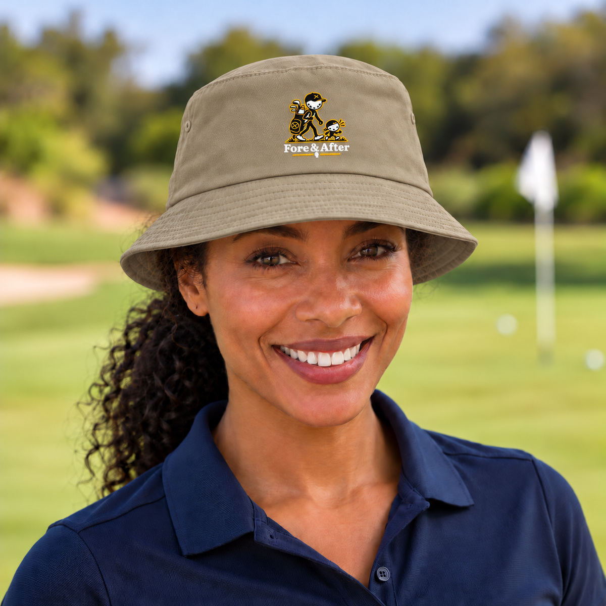 The Fore & After Bucket Hat in khaki — front golf lifestyle view