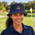 The Fore & After Bucket Hat in navy — front golf lifestyle view