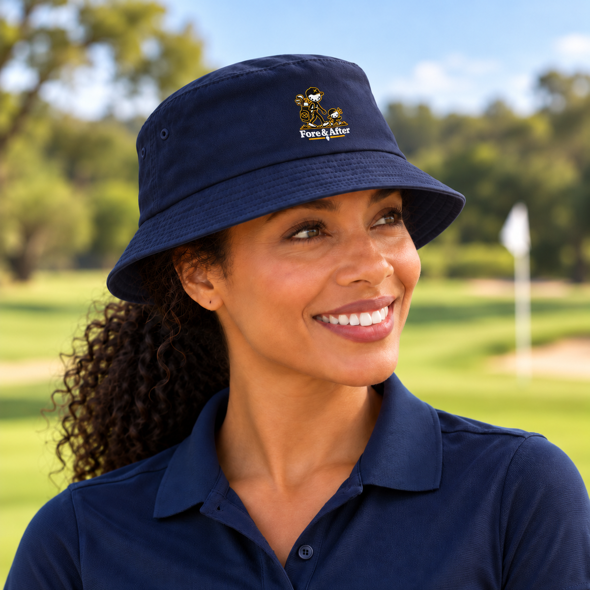 The Fore & After Bucket Hat in navy — side golf lifestyle view