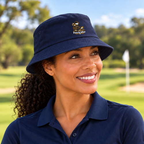 The Fore & After Bucket Hat in navy — side golf lifestyle view
