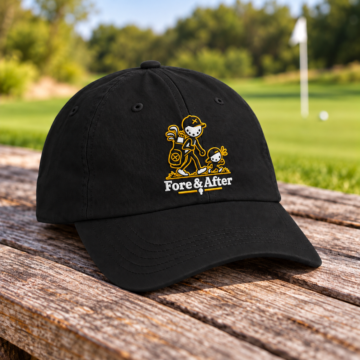 The Fore & After Dad Hat in black — detail golf lifestyle view