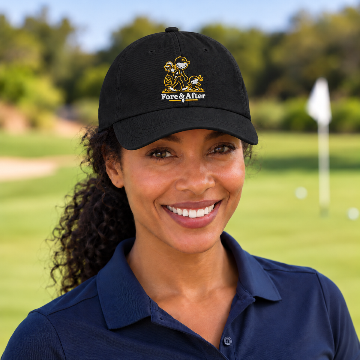 The Fore & After Dad Hat in black — front golf lifestyle view