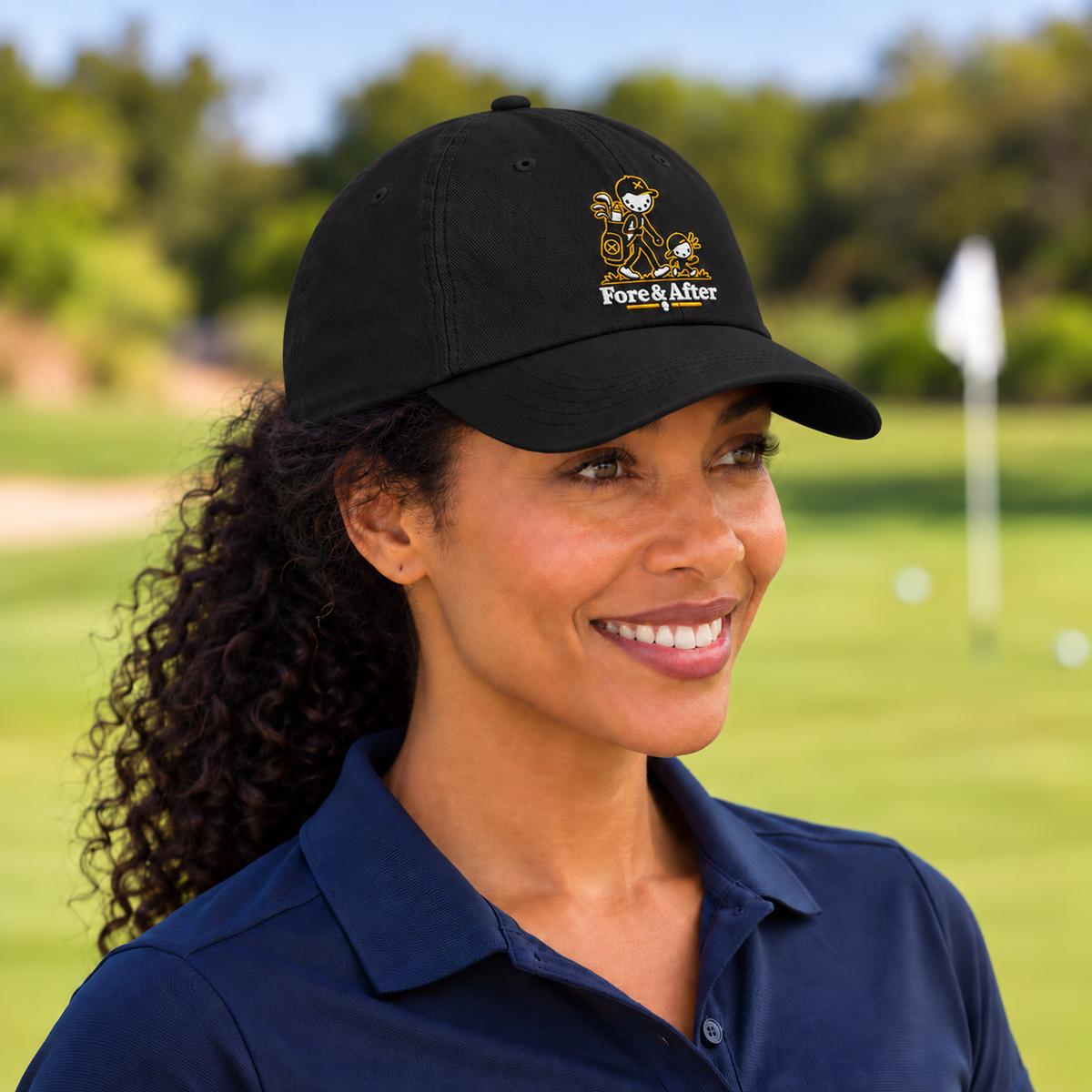 The Fore & After Dad Hat in black — side golf lifestyle view