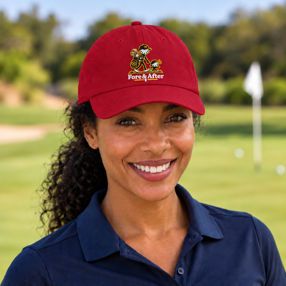 The Fore & After Dad Hat in cranberry — front golf lifestyle view