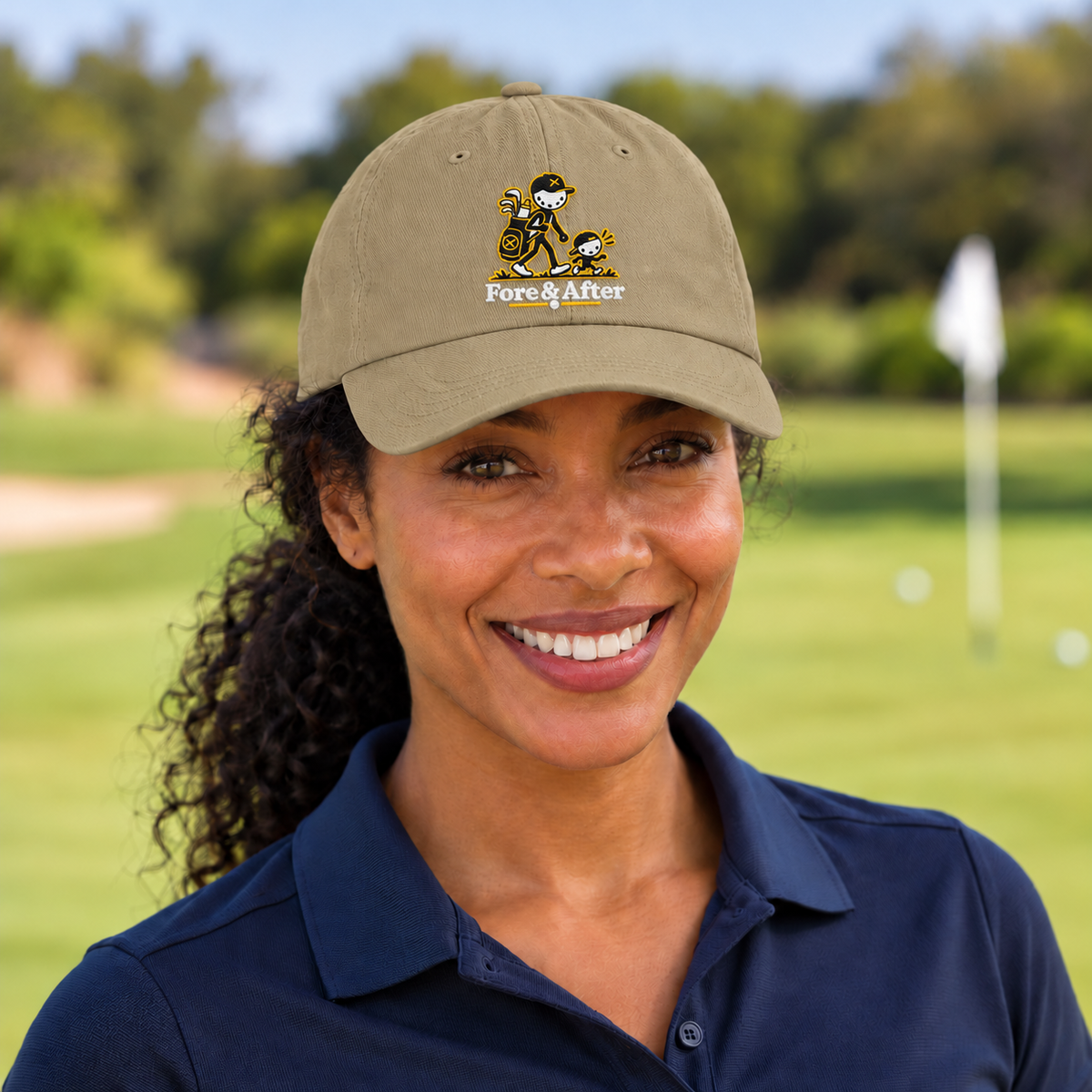 The Fore & After Dad Hat in khaki — front golf lifestyle view