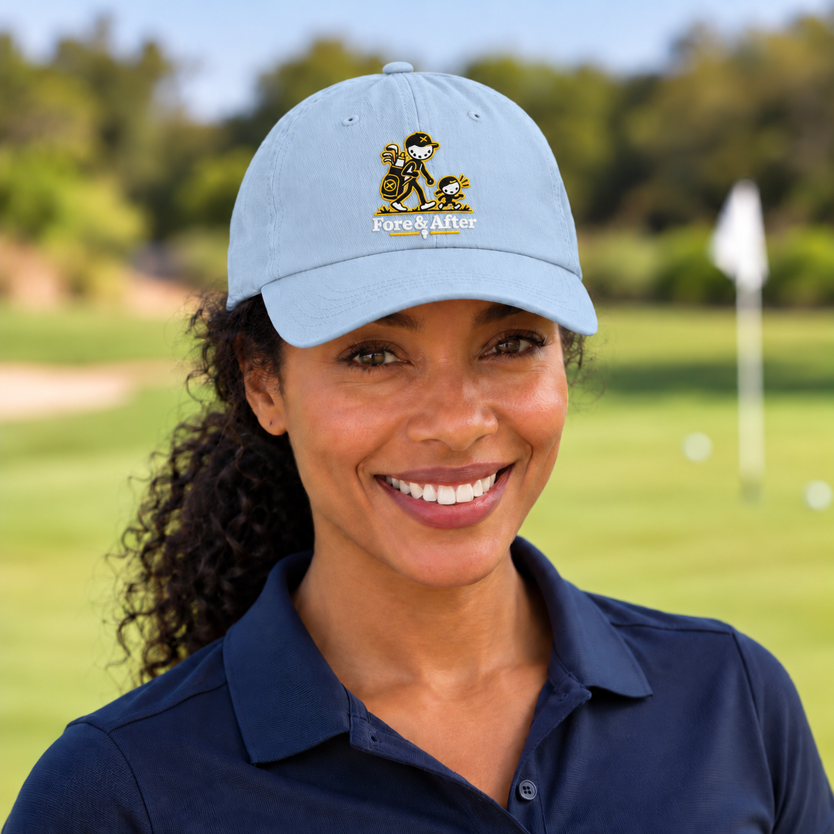 The Fore & After Dad Hat in light blue — front golf lifestyle view