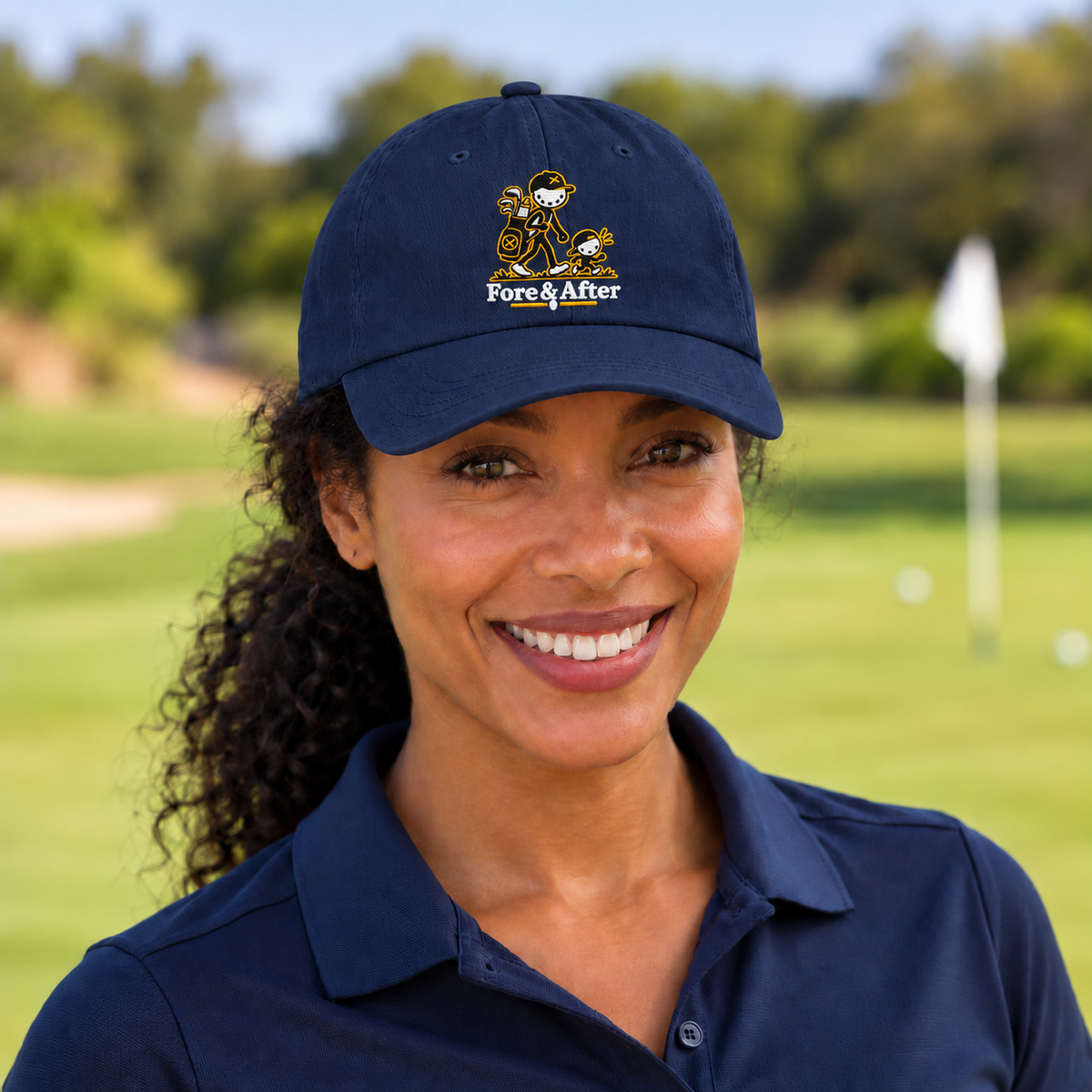 The Fore & After Dad Hat in navy — front golf lifestyle view