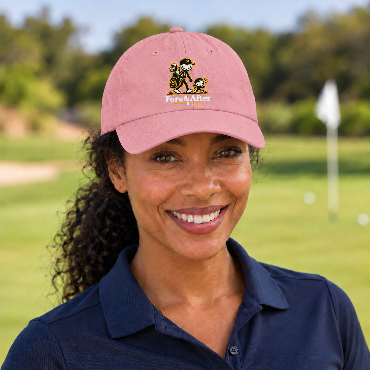 The Fore & After Dad Hat in pink — front golf lifestyle view
