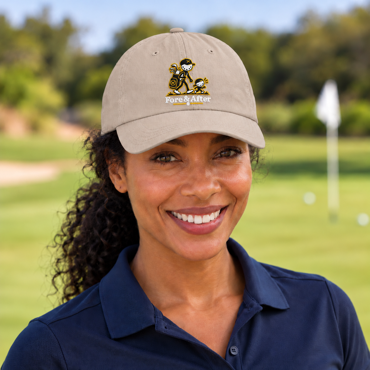 The Fore & After Dad Hat in stone — front golf lifestyle view