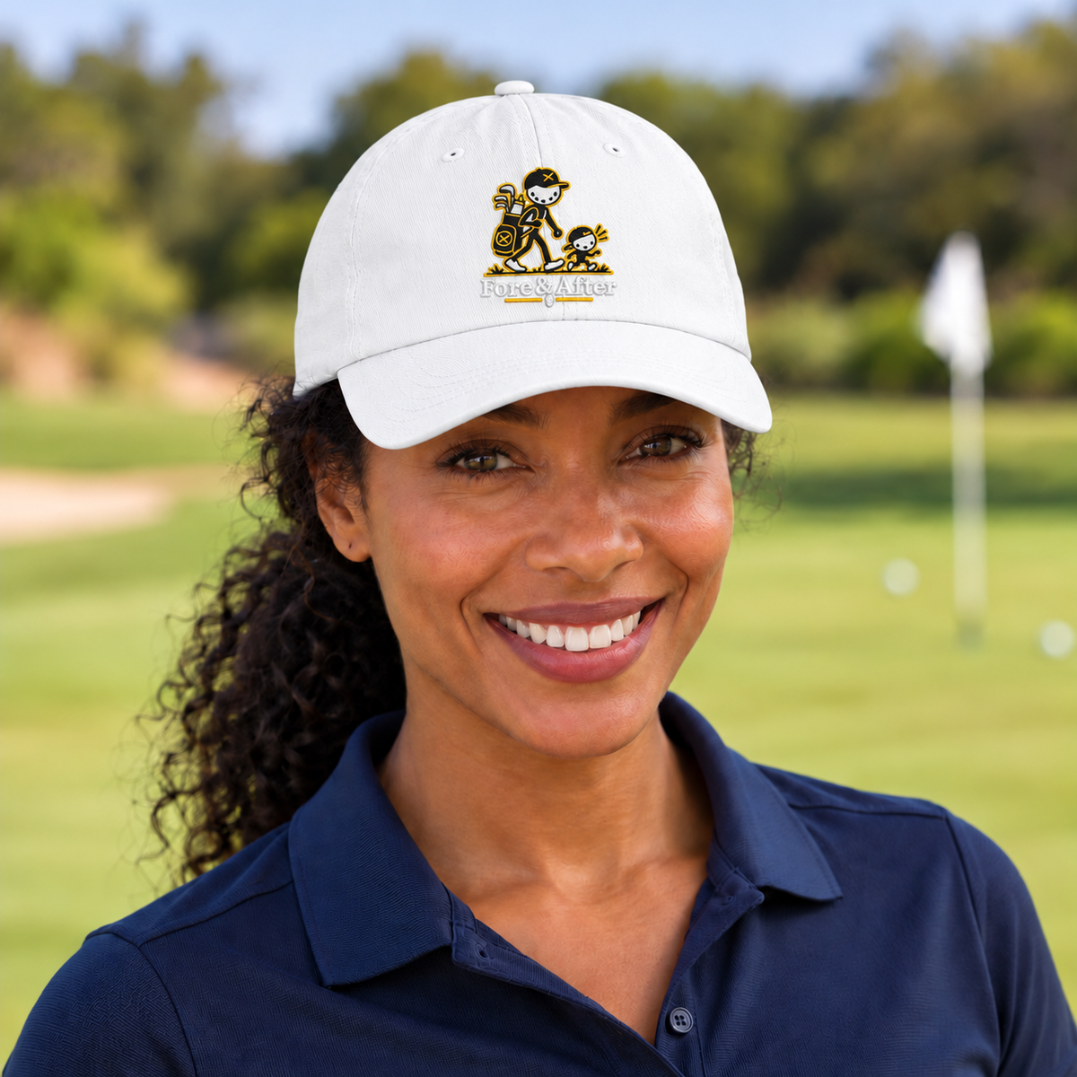 The Fore & After Dad Hat in white — front golf lifestyle view