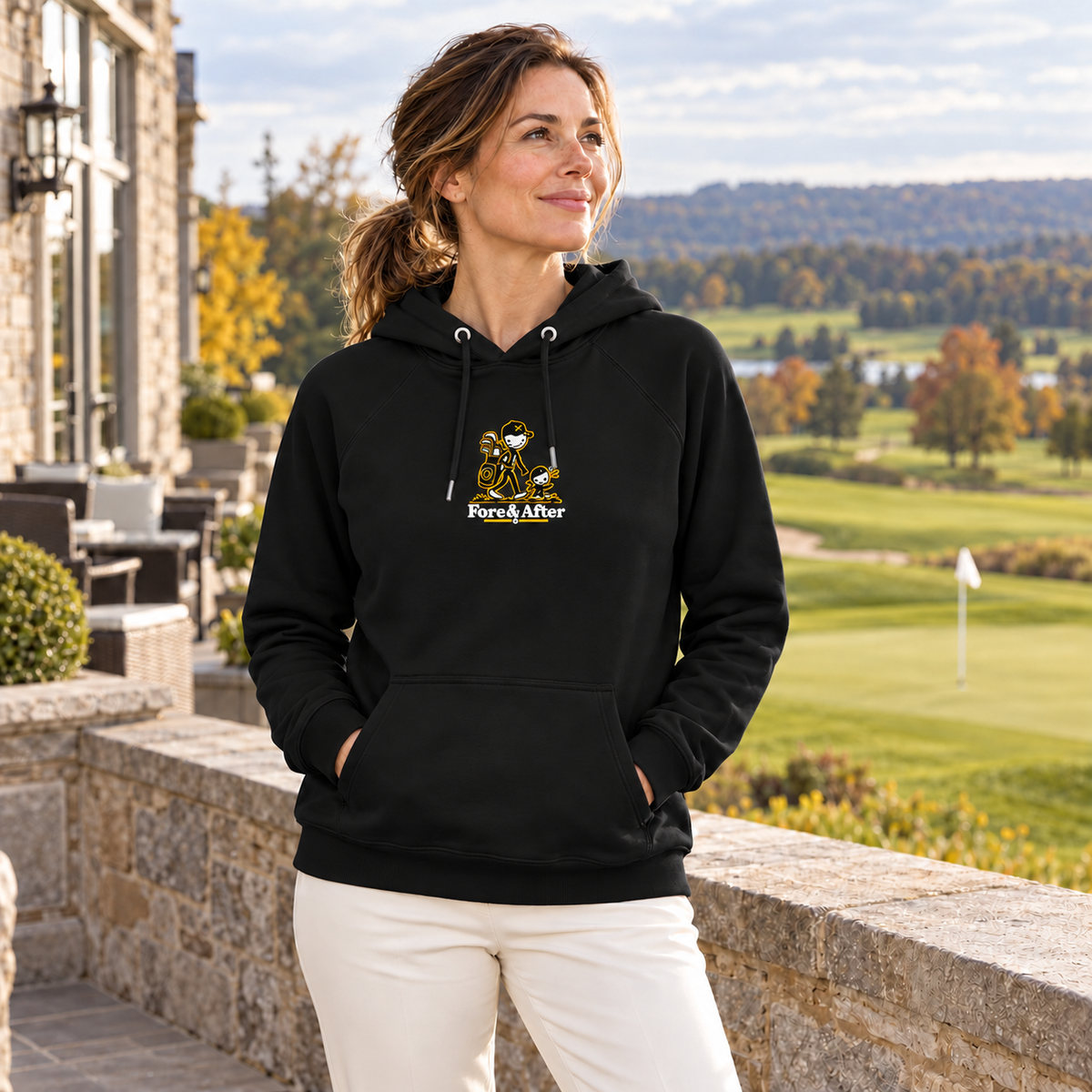The Fore & After Hoodie in black — front golf lifestyle view