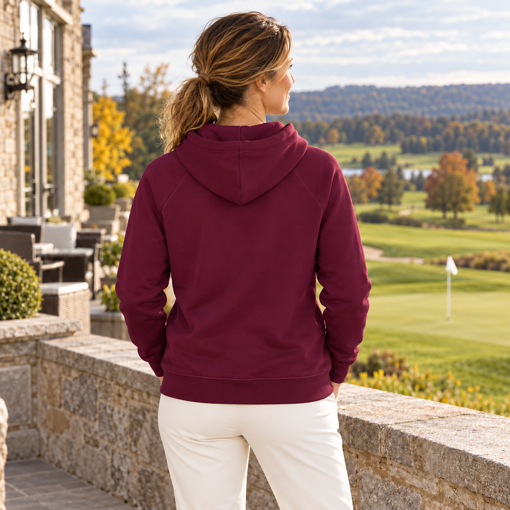 Fore & After hoodie in burgundy — back golf lifestyle view