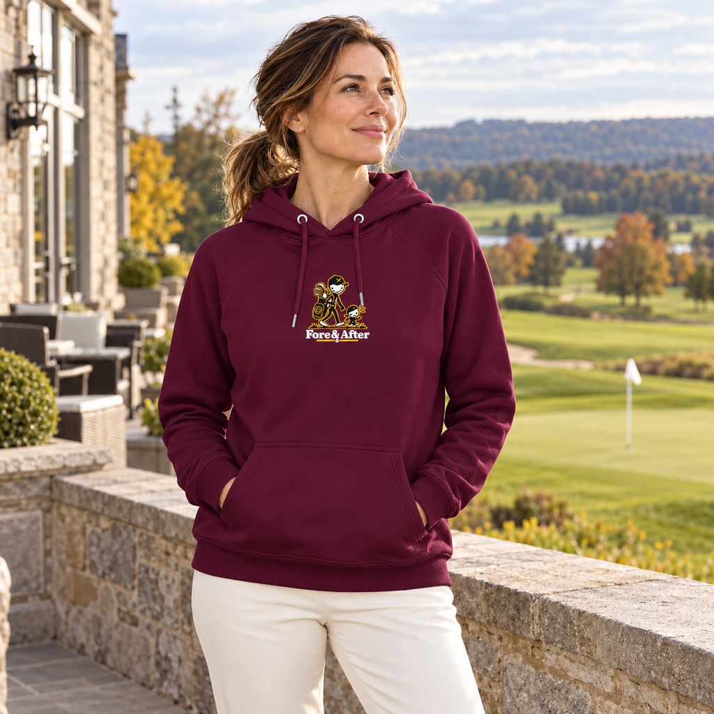 Fore & After hoodie in burgundy — front golf lifestyle view