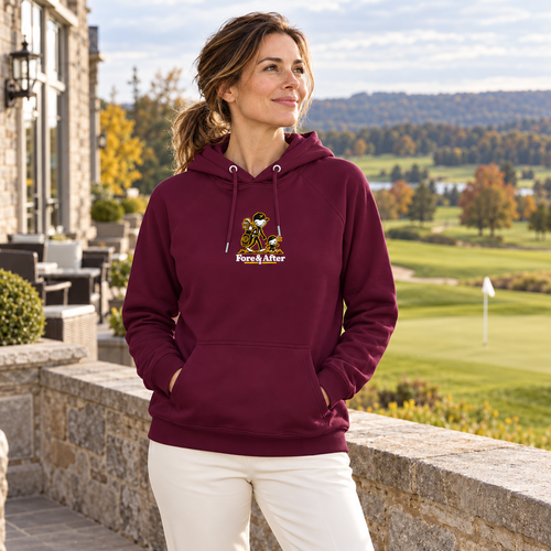 Fore & After hoodie in burgundy — front golf lifestyle view