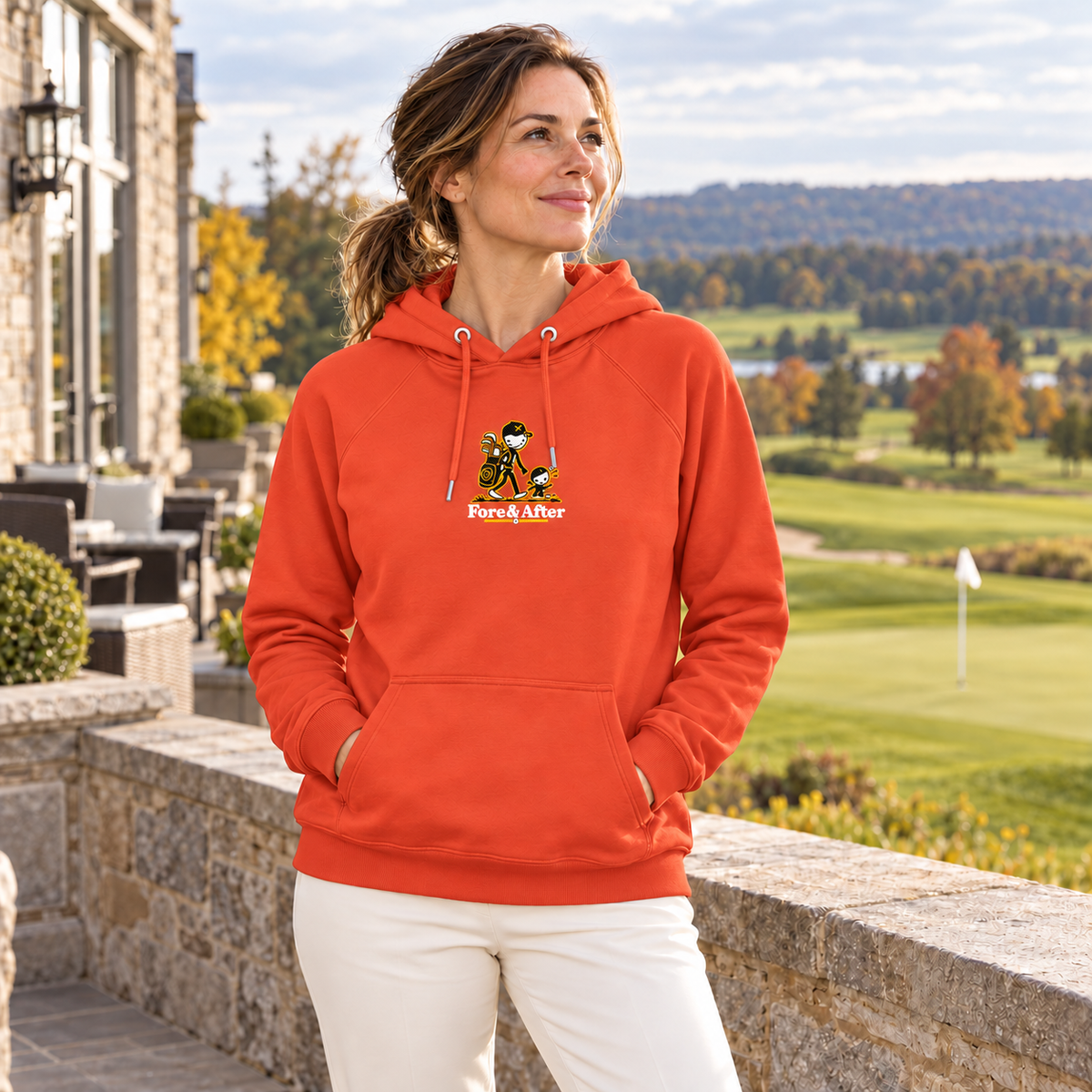 The Fore & After Hoodie in burnt orange — front golf lifestyle view