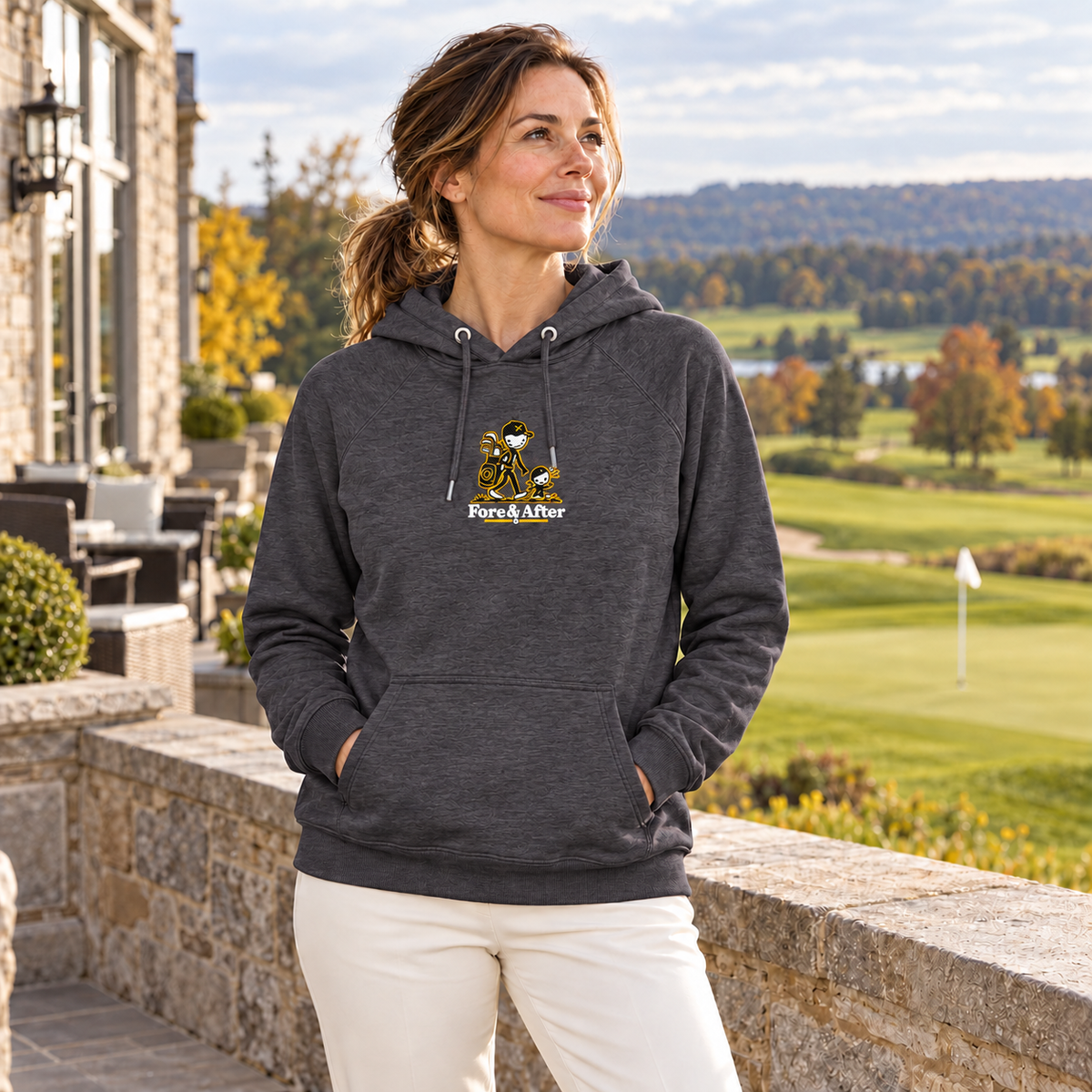 The Fore & After Hoodie in charcoal melange — front golf lifestyle view