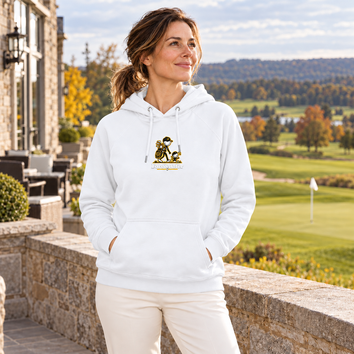 The Fore & After Hoodie in white — front golf lifestyle view