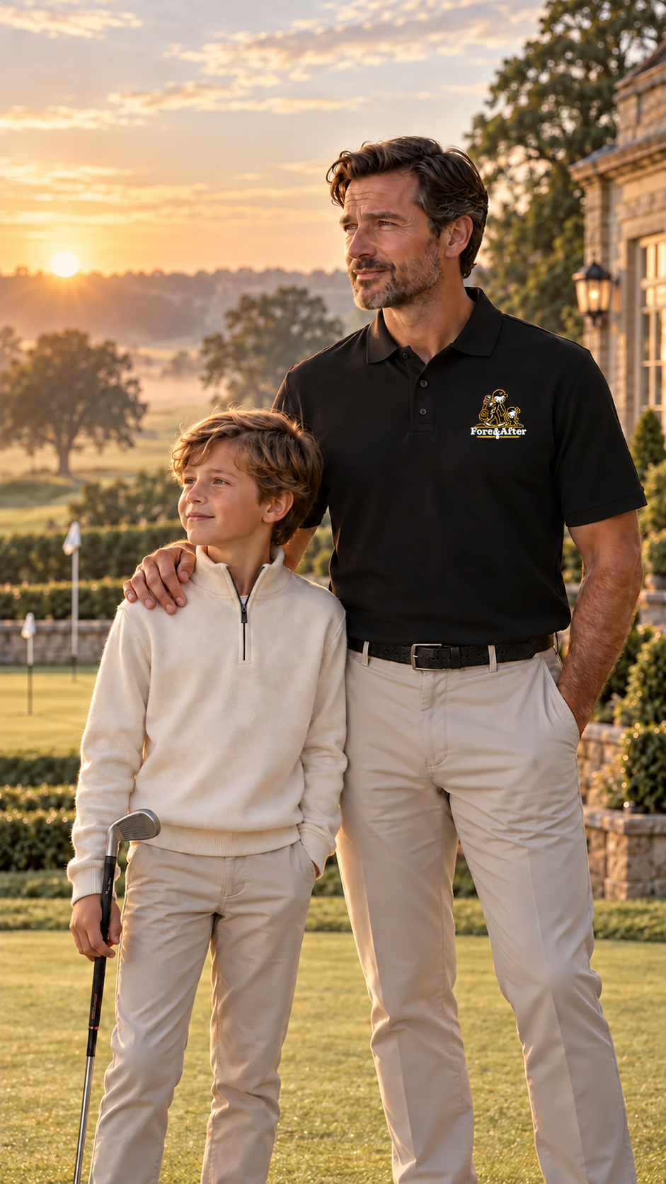 Parent in a black Fore & After polo with his son holding a golf club on the course at sunset