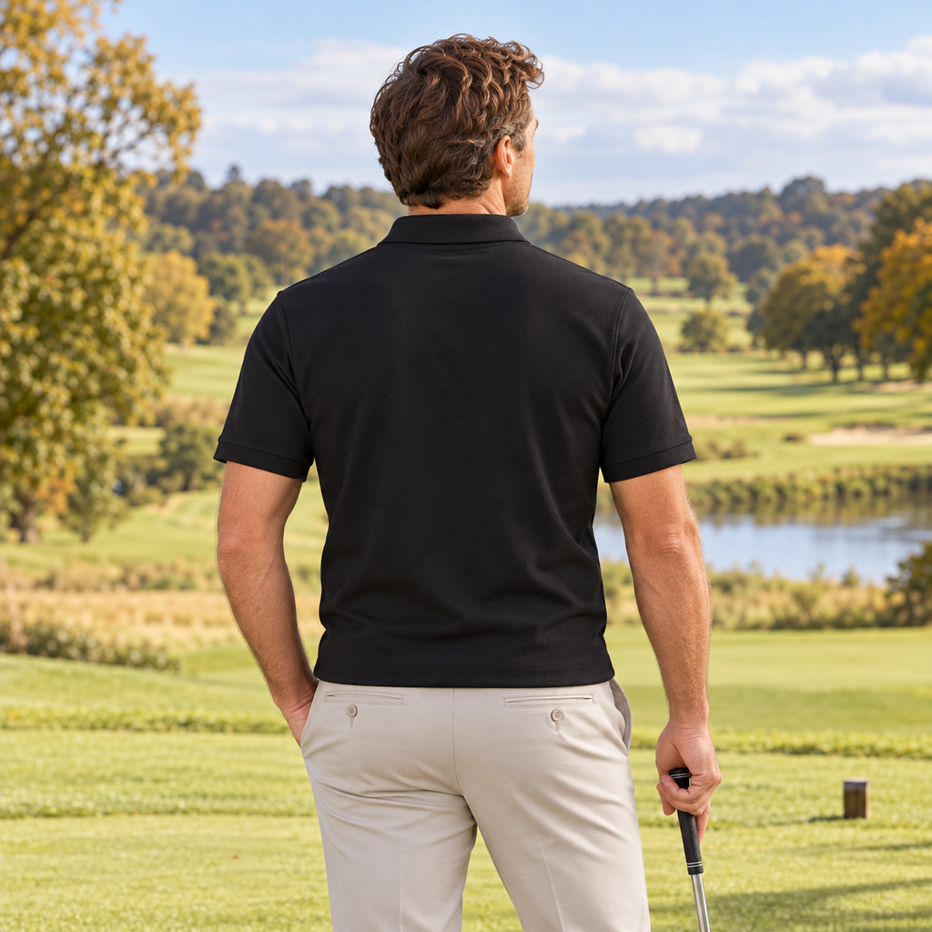 Fore & After polo in black — back golf lifestyle view