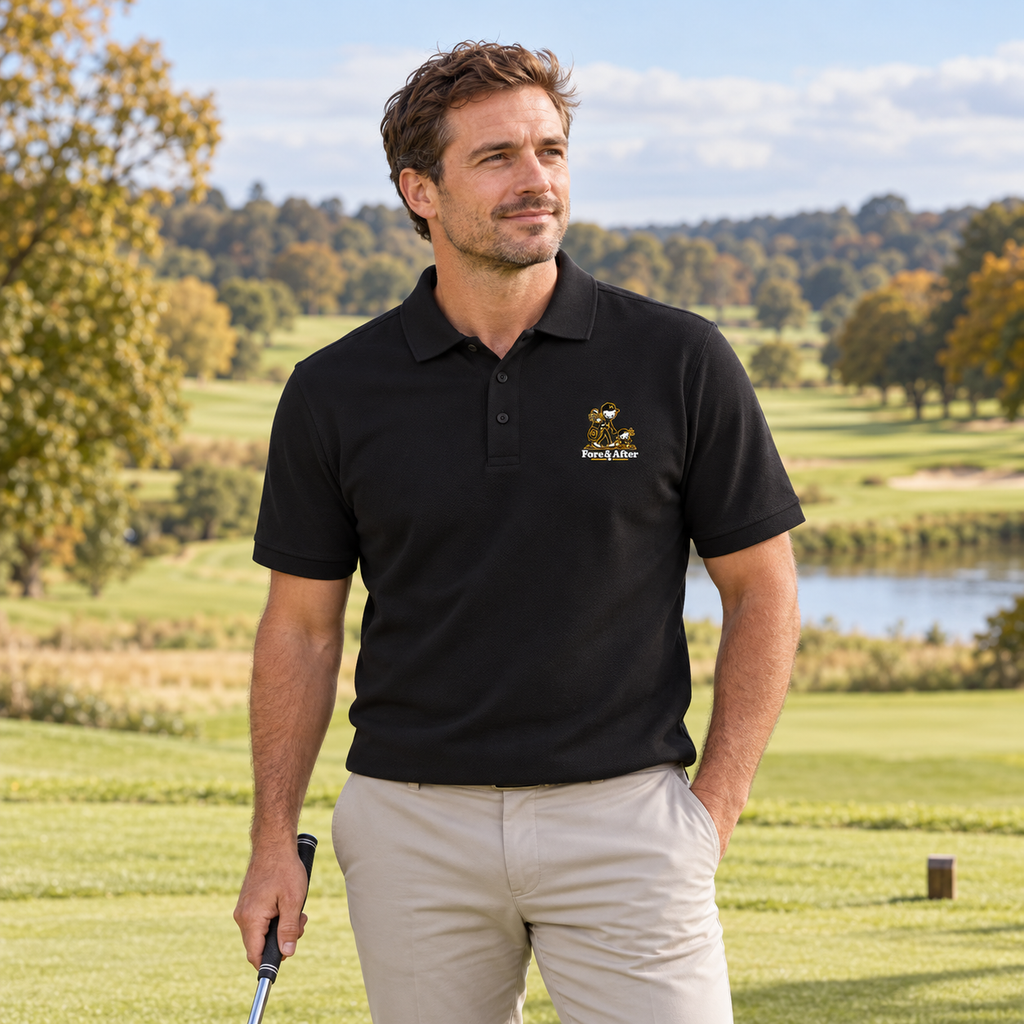 Fore & After polo in black — front golf lifestyle view