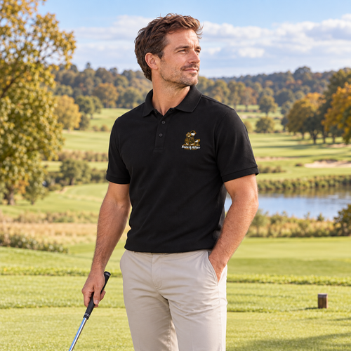 Fore & After polo in black — side golf lifestyle view