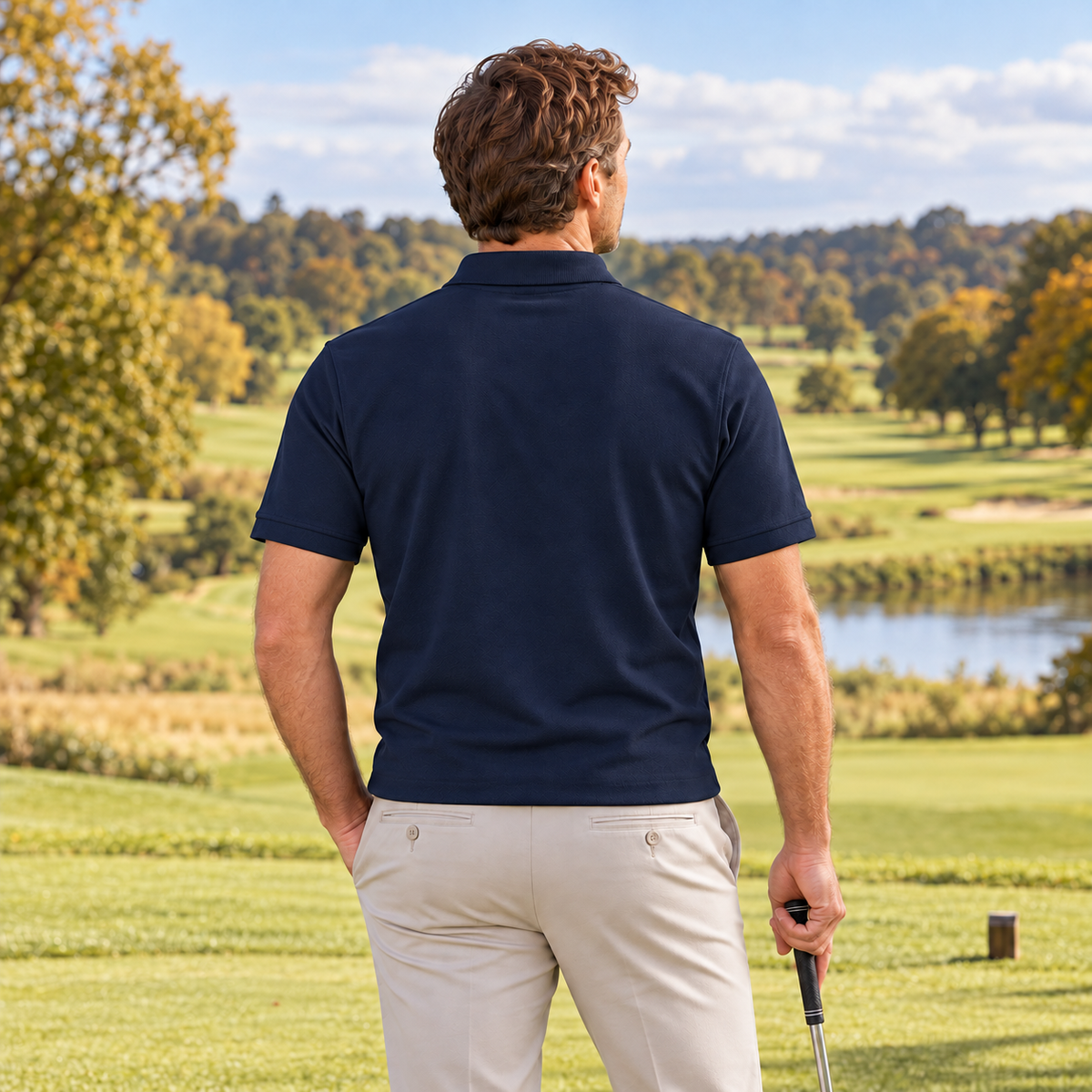 The Fore & After Polo in navy — back golf lifestyle view