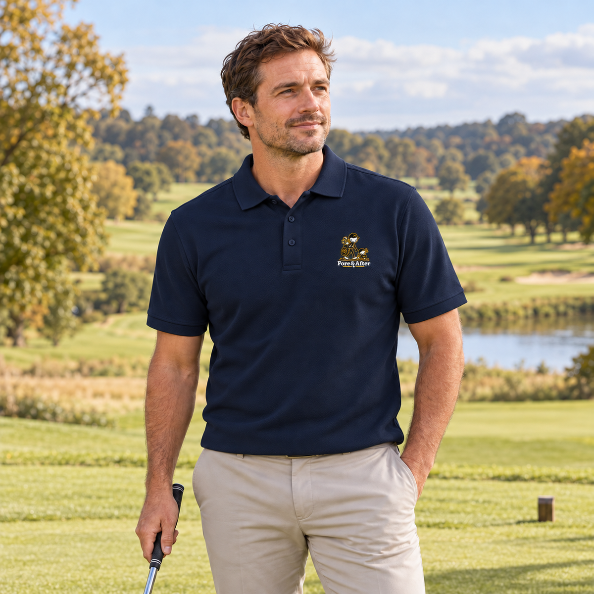 The Fore & After Polo in navy — front golf lifestyle view
