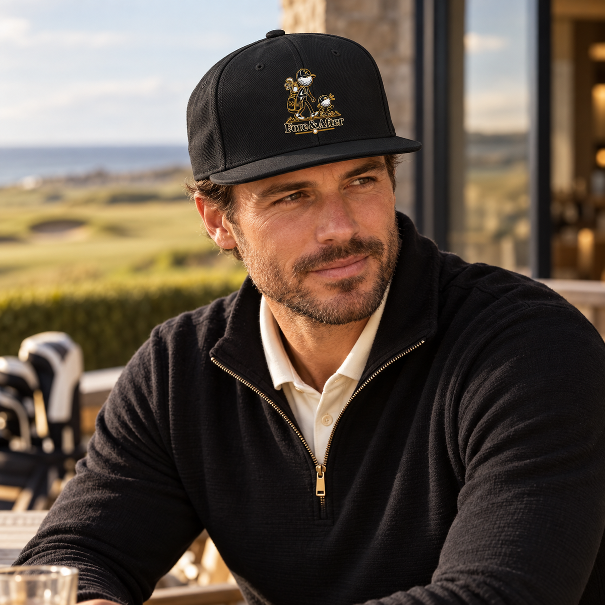 Fore & After snapback in black — male model at golf clubhouse
