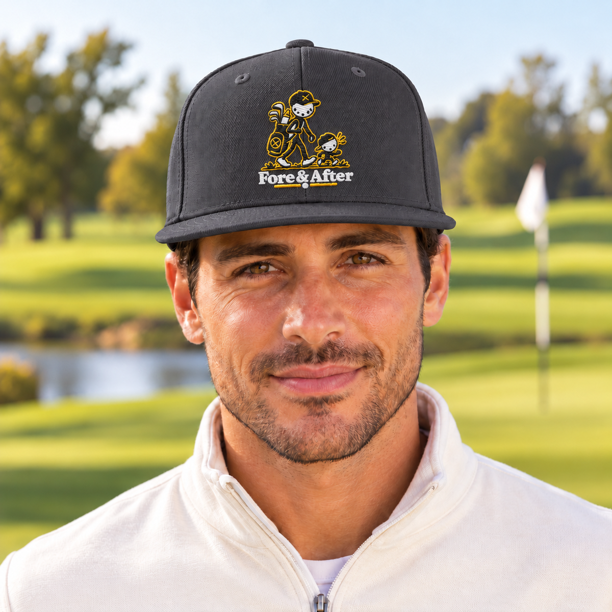 The Fore & After Snapback in dark grey — front golf lifestyle view