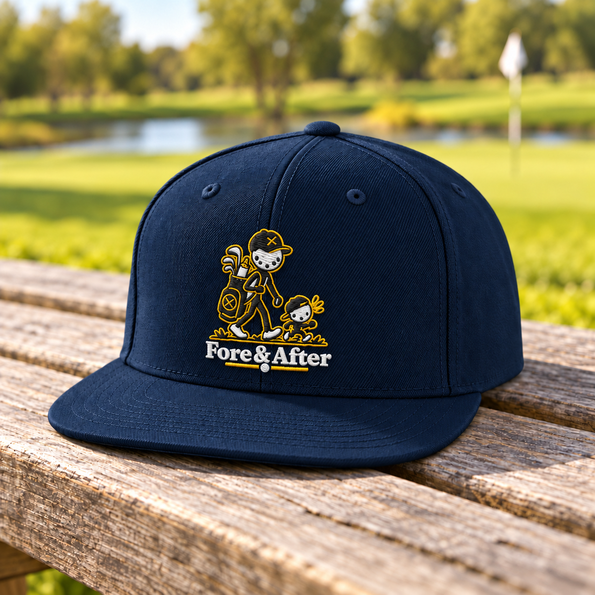 The Fore & After Snapback in dark navy — detail golf lifestyle view