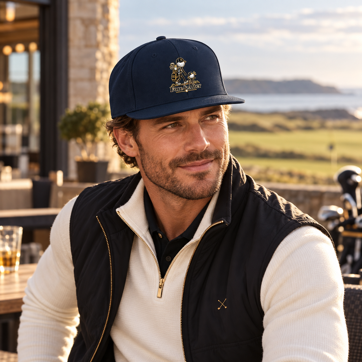 Fore & After snapback in dark navy — male model at golf clubhouse