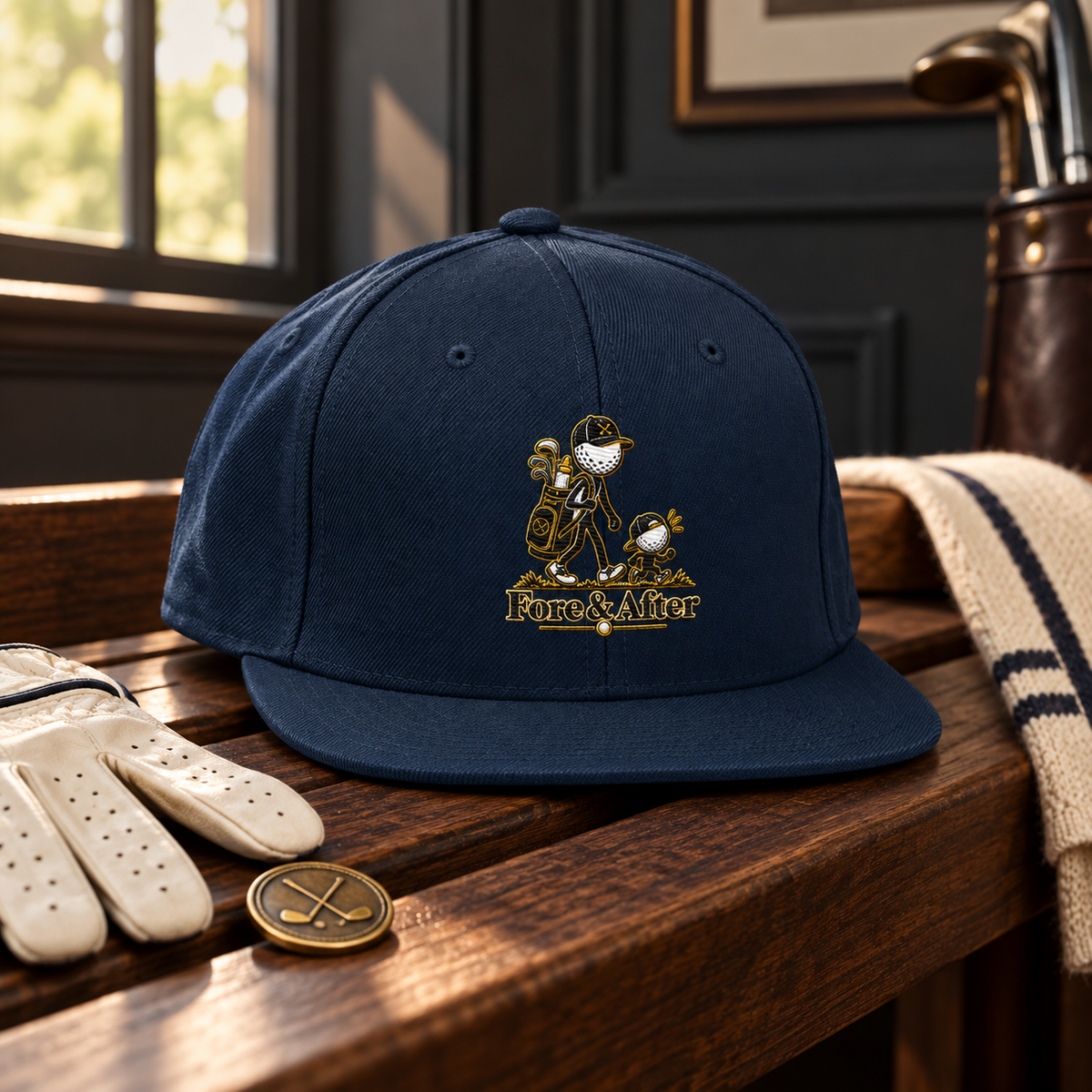 Fore & After snapback in dark navy — three-quarter clubhouse product view