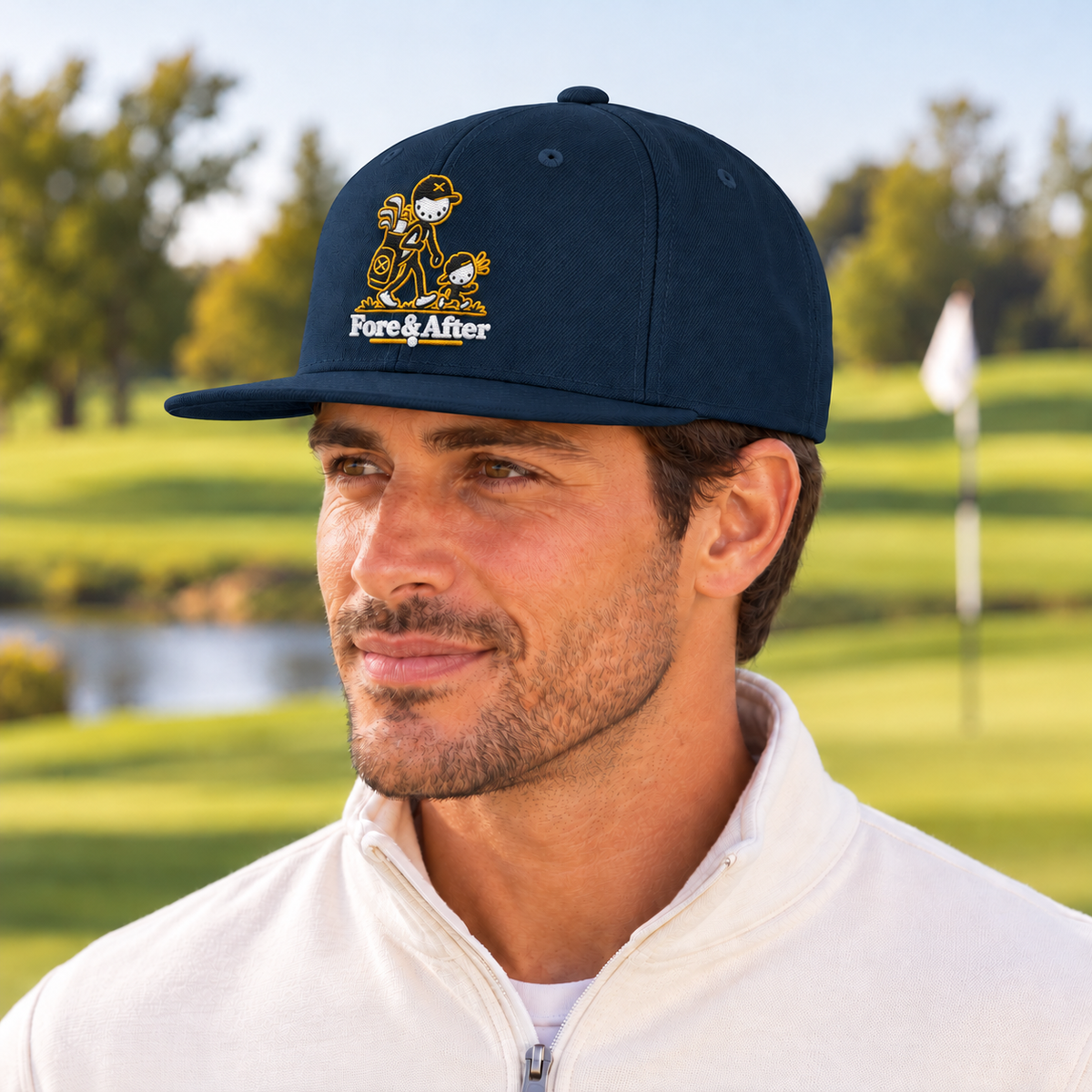 The Fore & After Snapback in dark navy — side golf lifestyle view