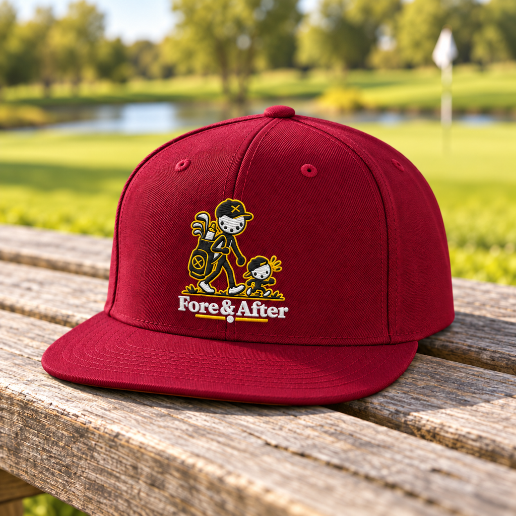 Fore & After snapback in maroon — detail golf lifestyle view