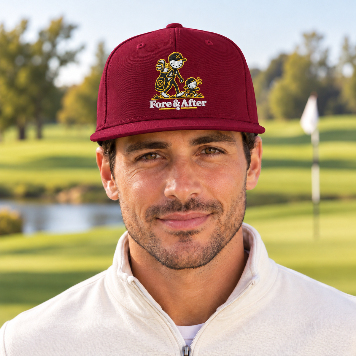 Fore & After snapback in maroon — front golf lifestyle view