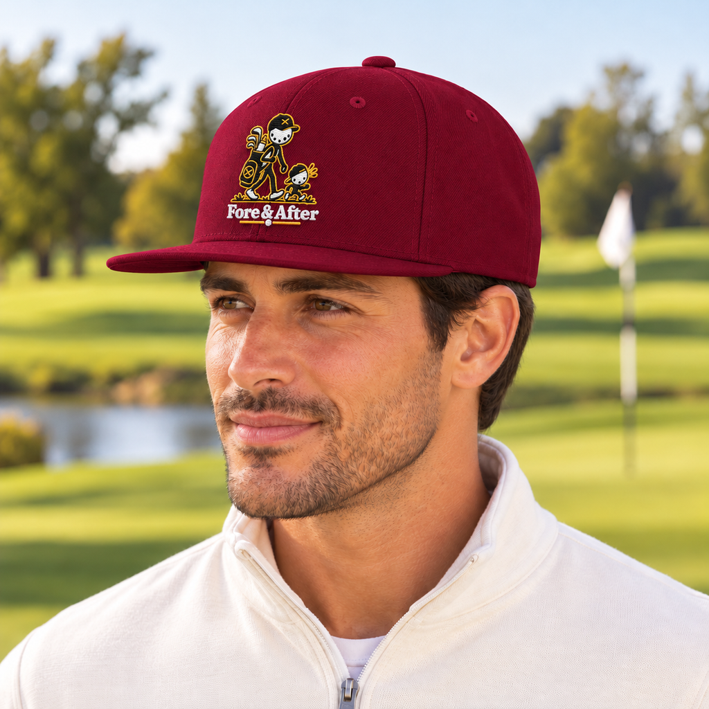 Fore & After snapback in maroon — side golf lifestyle view