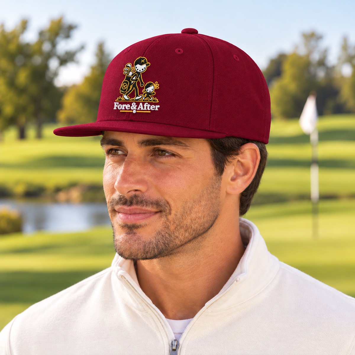 Fore & After snapback in maroon — side golf lifestyle view