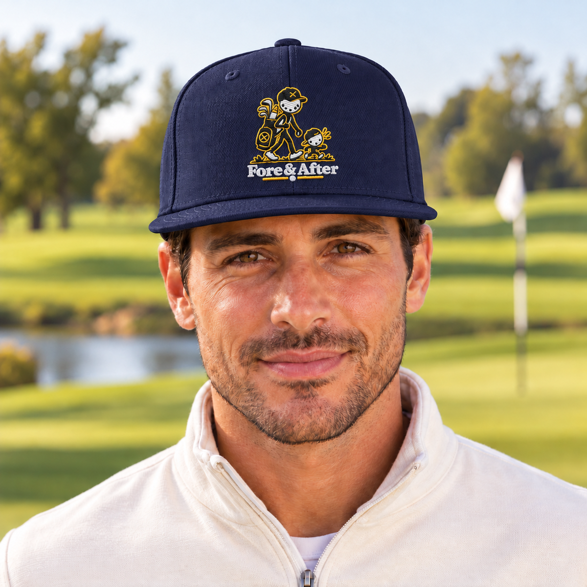 The Fore & After Snapback in navy — front golf lifestyle view