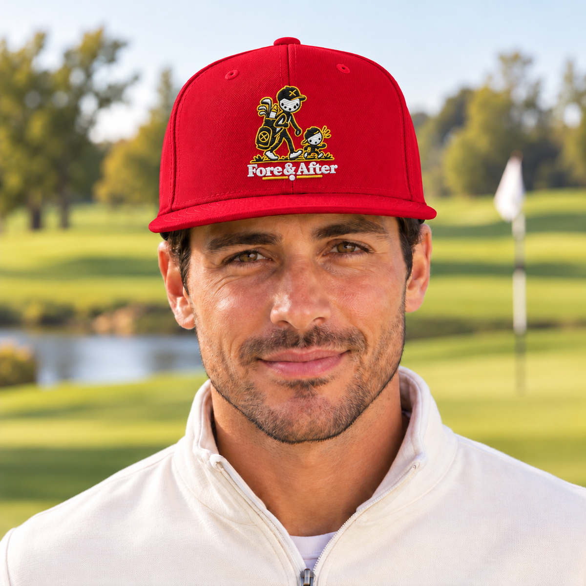The Fore & After Snapback in red — front golf lifestyle view