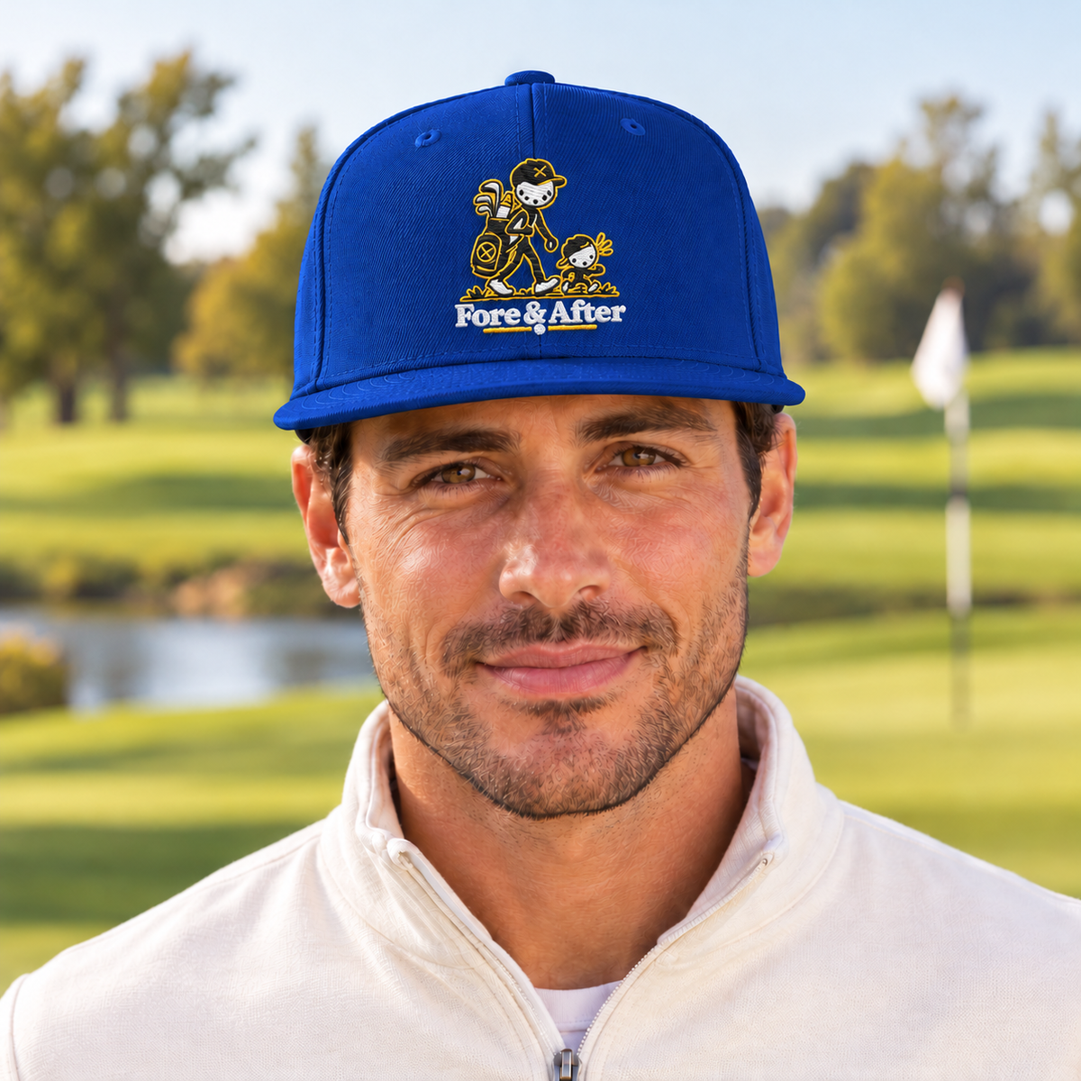 The Fore & After Snapback in royal blue — front golf lifestyle view
