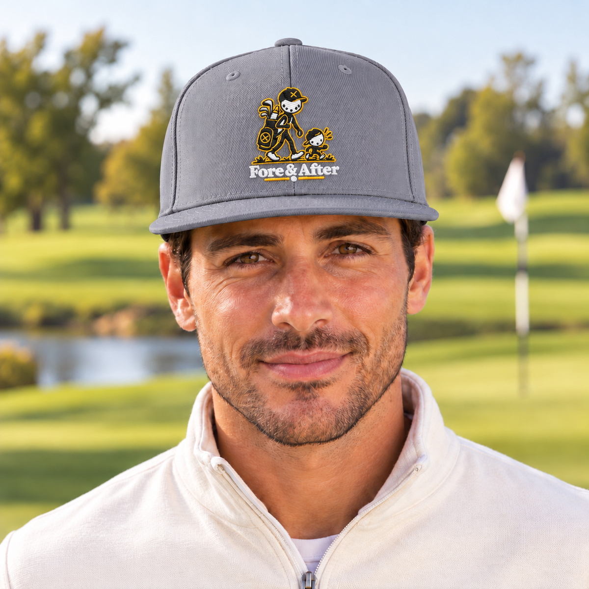 The Fore & After Snapback in silver — front golf lifestyle view