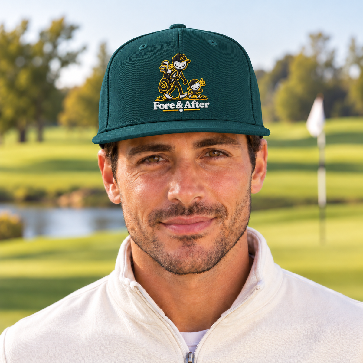 The Fore & After Snapback in spruce — front golf lifestyle view
