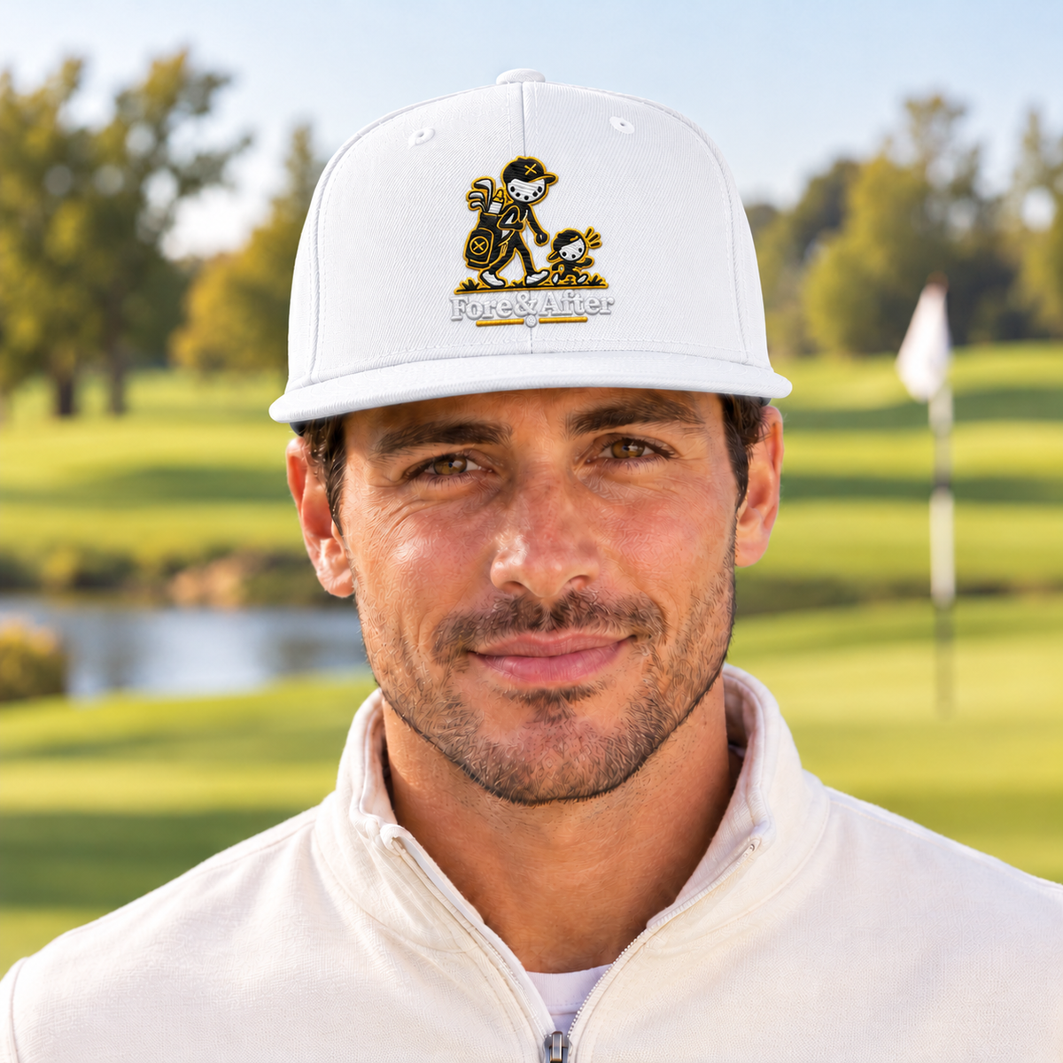 The Fore & After Snapback in white — front golf lifestyle view