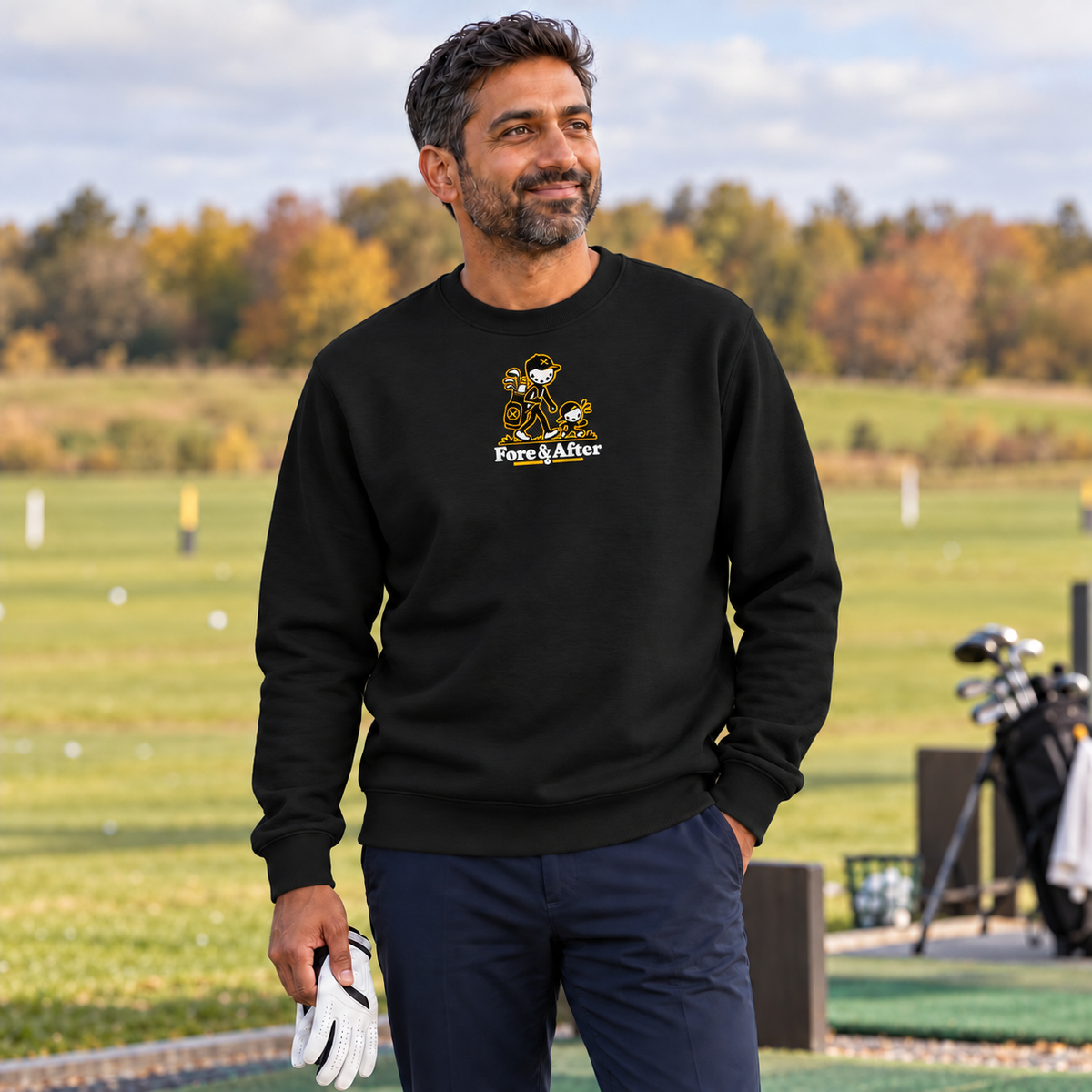 The Fore & After Sweatshirt in black — front golf lifestyle view