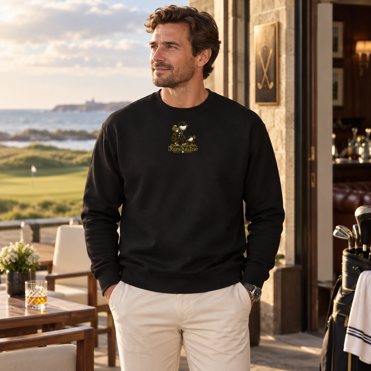Fore & After sweatshirt in black — male model at golf clubhouse